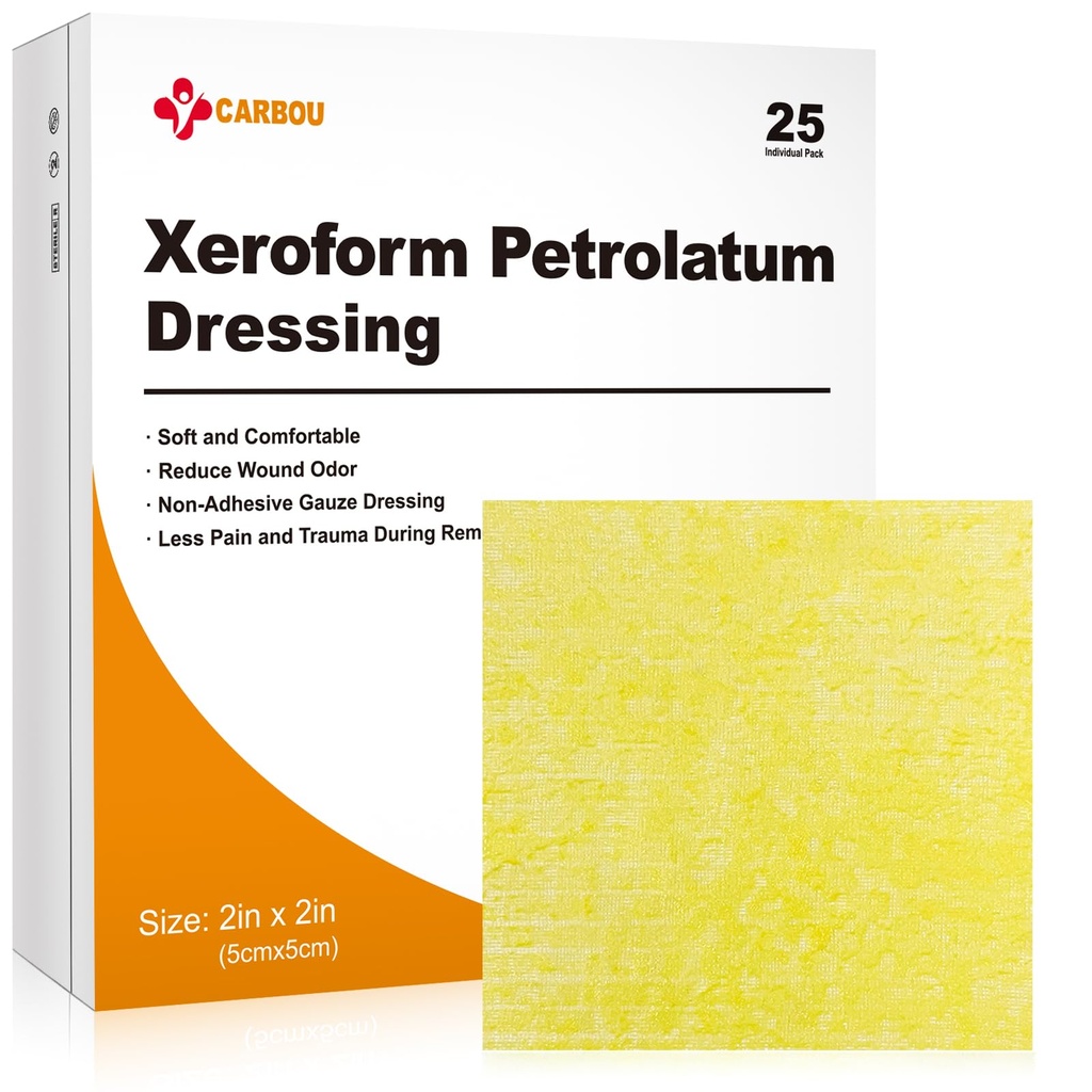 Carbou Medical Xeroform Petrolatum Dressing 2 "x2", 25 Indywidualne opakowanie, Non-Adherent Gauze Pads, Soft Fine Mesh Gauze Patch for Shound Care, Burns, Lacerations, przeszczepy skóry i nacięcia chirurgiczne