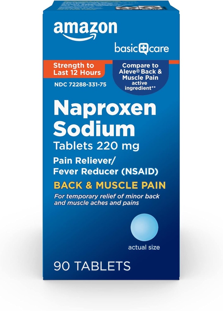 Basic Care Back and Muscle Pain, 220 mg, 12- Hour Pain Relief, Naproxen Sodu Tablets, Reliever Pain and Fever Reducer, 90 Count