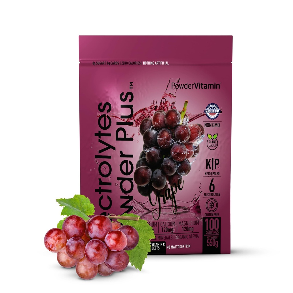 Proszek PowderWitamina Electrolytes Plus (100 Servings) Proszek winogronowy Electrolyte Zero Calorie Keto, 0 Cukier, Nie Maltodekstryna, 1000mg potasu, 120mg wapnia, 120mg magnezu, Proszek nawadniający