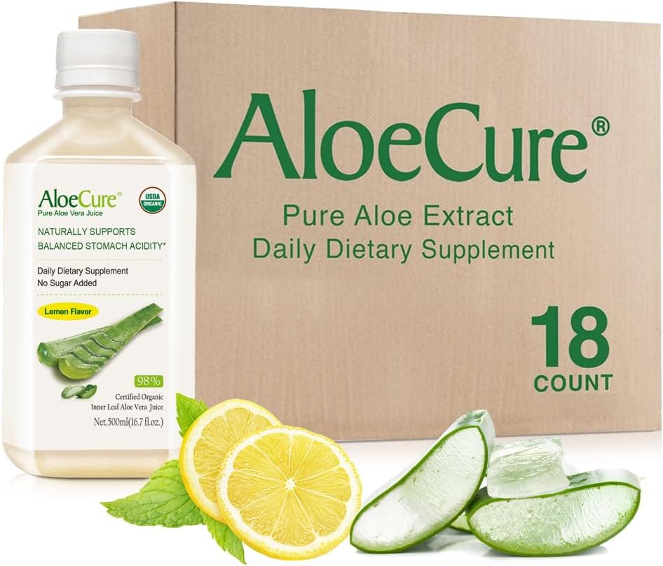 AloeCure USDA Organic Aloe Vera Sok Lemon Flavor - Made In 12 Hours of Harvest - Natural Digestive Supplement for Balanced Stomach Acidity - Support Digestive and Immune Health, 18 Btls x 16.7oz