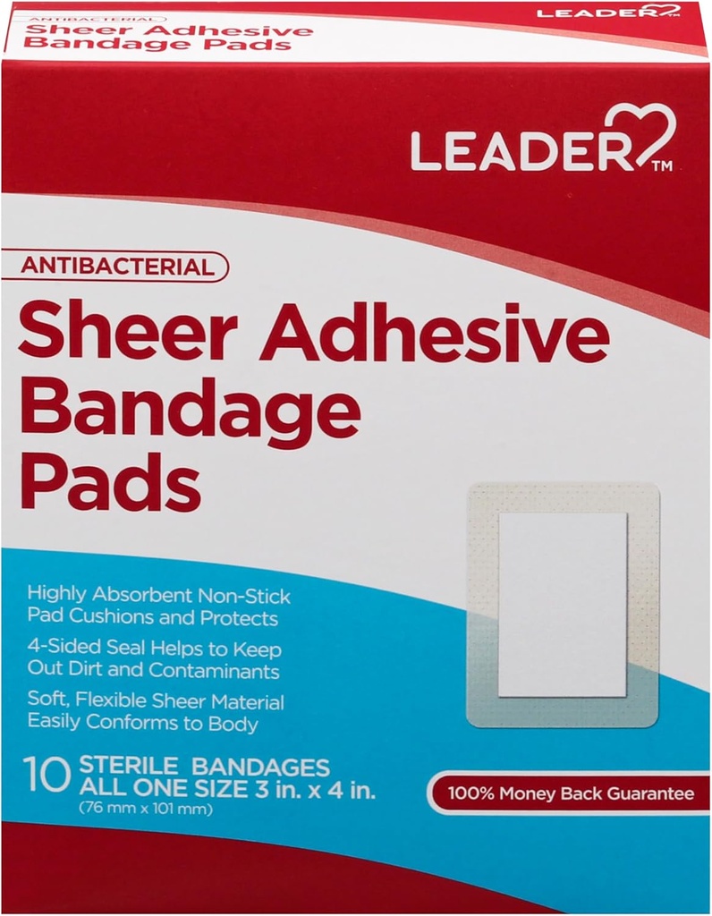 LEADER Sheer Adhesive Bandage Pads, Packs of blends with Skin, Highly Absorbent Non- Stick Pad, for First Aid and Hound Care Protection, Porównaj do Band- Aid, Wszystkie jeden rozmiar 3 / 4 "x 4", 100 ct.