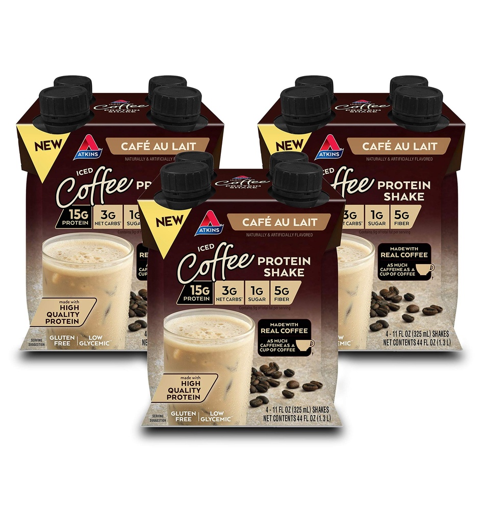 Atkins Café au Lait Kawa mrożona shake protein, wysoki shake protein, niski cukier, niskie węglowodany i niski cukier, Keto Friendly, Gluten Free, 12 Count
