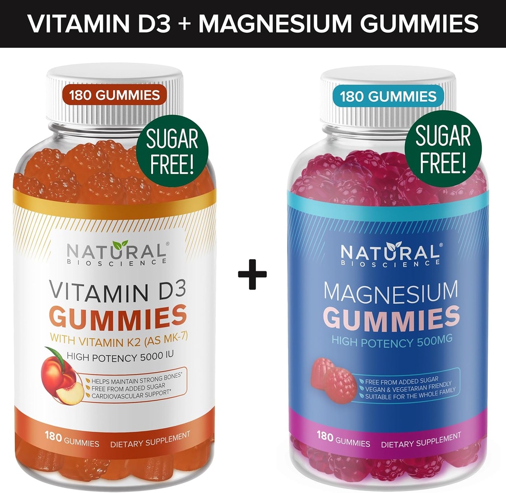 Bez cukru Witamina D3 K2 Gummie (180 Gummie) i Sugar Free Extra Siła Magnezu Gummie (180 Gummie), Witamina D3 Gummie 5000 IU + K2 MK7 80 μg, Magnezu Cytrat Gummie 500 mg
