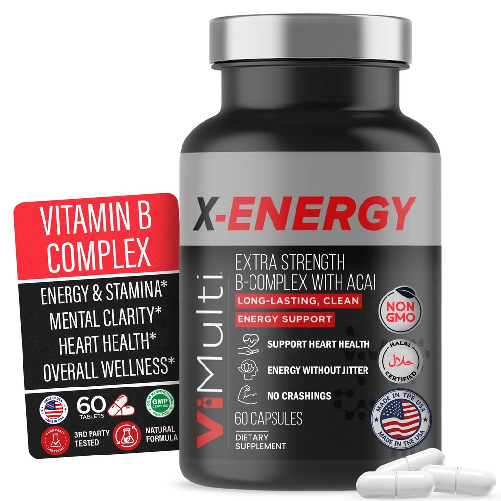 X- Energy Extra Force B Complex z kofeiną i witaminą B12 - Wsparcie energetyczne z B1, B2, B3 Niacyna, B6, Kwas foliowy, Biotin, B5, Tauryna, Ginseng, Rhodiola, Maca, Acai & Spirulina - 60 Kapsułki