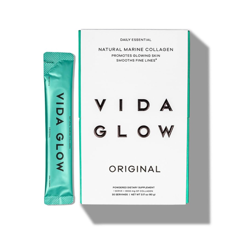 Vida Glow Marine Collagen Powder - Anti Aging Supplement z Collagen Peptydes, Promotes Glowing Skóra, silne paznokcie, Zdrowe włosy 124; 30 Służenia, Oryginalny aromat