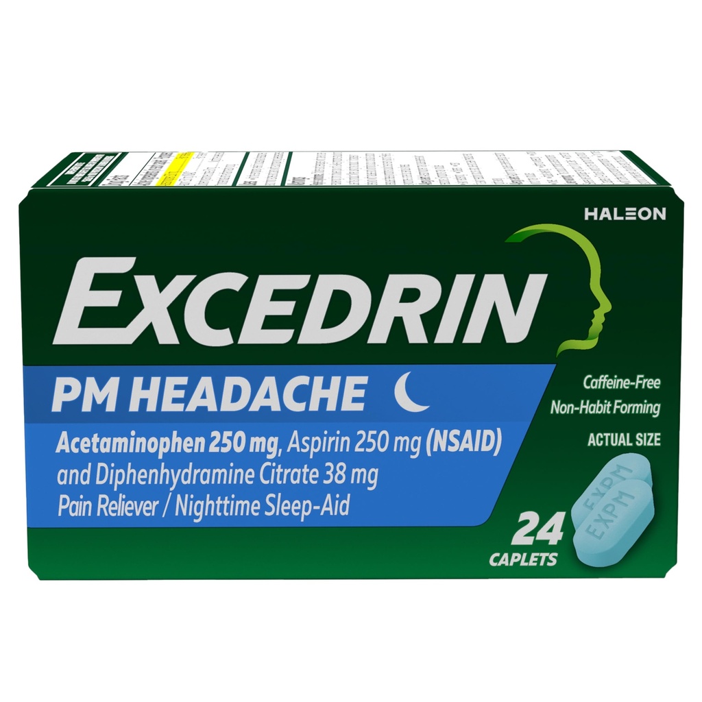 Excedryna PM na ból głowy Relief, Acetaminofen 250mg, Aspiryna 250mg, Difenhydramina Citrate 38mg, Pain Reliever, Nighttime Sleep- Aid, 24 Count