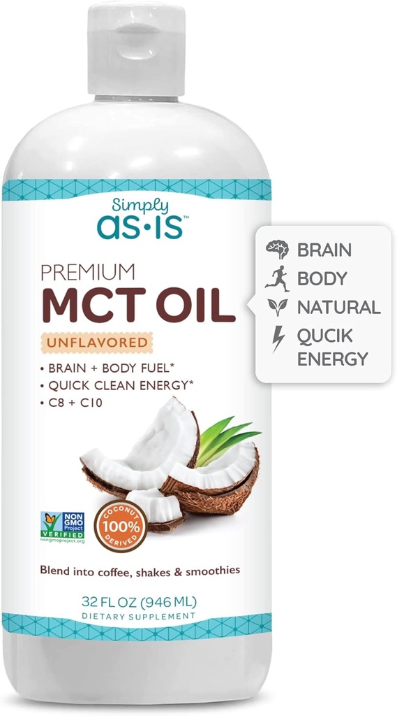 AS- IS Simply Premium MCT Oil C8 & C10 XI124; Unflavored XI124; 100% z Non-GMO Coconuts XI124; Perfect for Morning Coffee XI124; Quick Clean Energy XI124; 32 fl oz (63 Służenie)