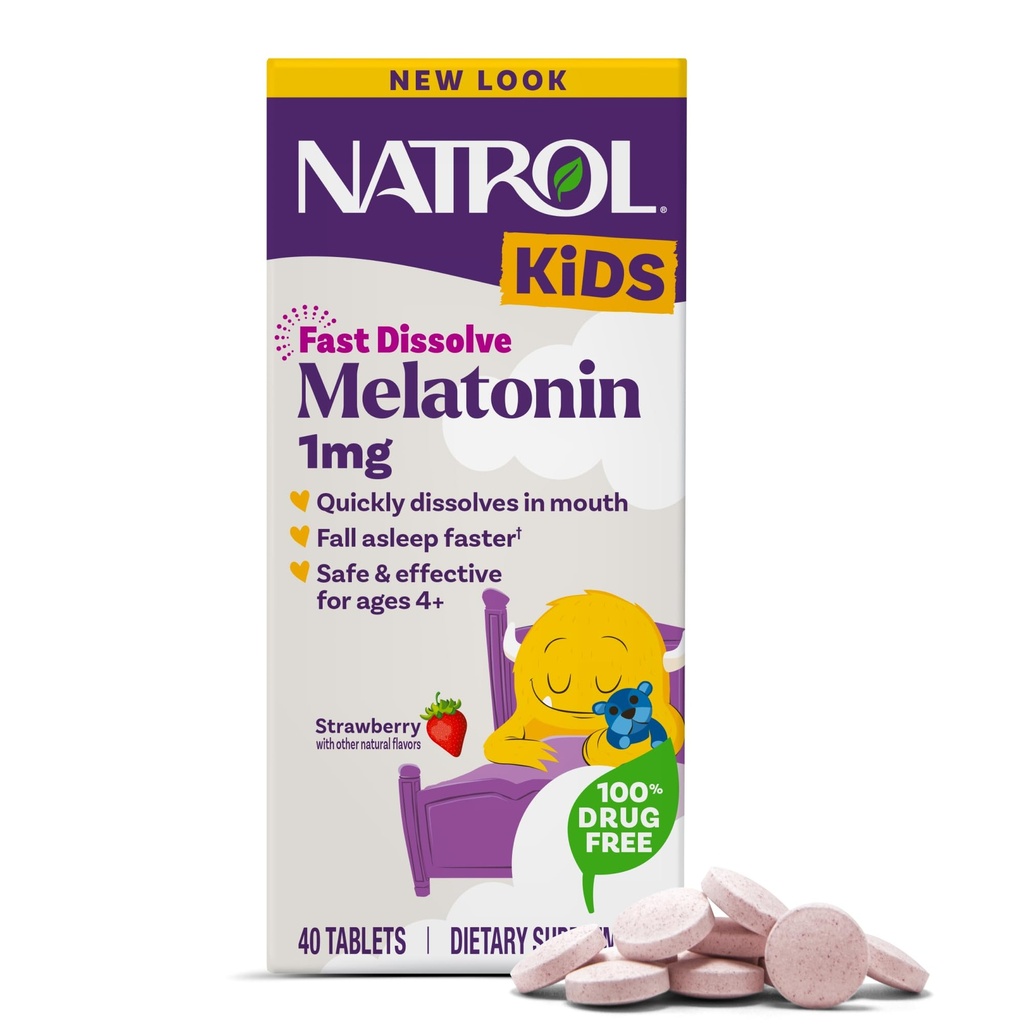 Natrol Dzieci szybko rozpuszczają Melatonina 1 mg, Suplement diety dla Restful Seep, Tabletki senne dla dzieci, 40 Truskawkowe - aromatyczne tabletki melatoniny, 40 Day Supply