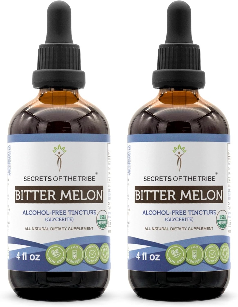 Secrets of the Tribe Bitter Melon USDA Organic Birmingham 124; Alcohol- Free Extract, High- Pottency Herbal Drops Birmingham 124; Made from 100% Certified Organic Bitter Melon (Momordica Charantia) Dried Fruit (2x4 oz)