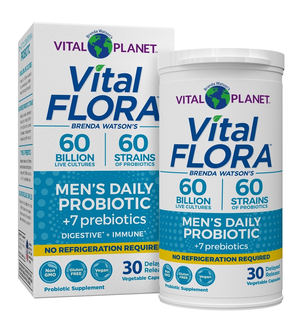 Vital Planet - Vital Flora Probiotyki dla mężczyzn, 60 Miliard CFU, 60 Różnorodne Szczepy, 7 Organiczne Prebiotyki, Mężczyzna 's Daily Shelf Stable Probiotic dla wsparcia immunologicznego, Relief gazowy, Digestive Health 30 Kapsułki