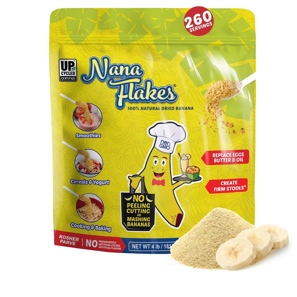 Nana Flakes 100% Pure Banana Flakes Food Powder 4 lbs - Wielkie źródło potasu & włókno, dla Digestive Health & Ocasional Biegunka, Mączka Thickening - Natural & Soothing (4 lbs Bag)