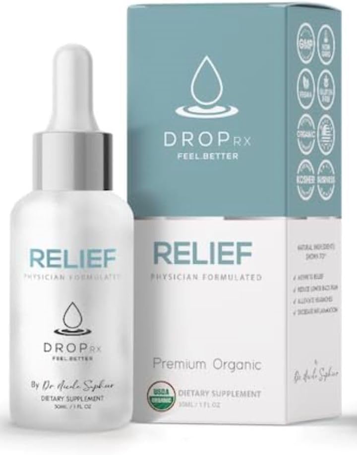 DropRx Relief by Dr. Nicole Saphier - Diamenty Pazur & Organic Ginger Root Extract, Wspiera wspólne zdrowie & odżywcze Wellness, Organic, Non GMO, Wegan, Gluten Free & Kosher, Made in USA (2 Fl Oz)
