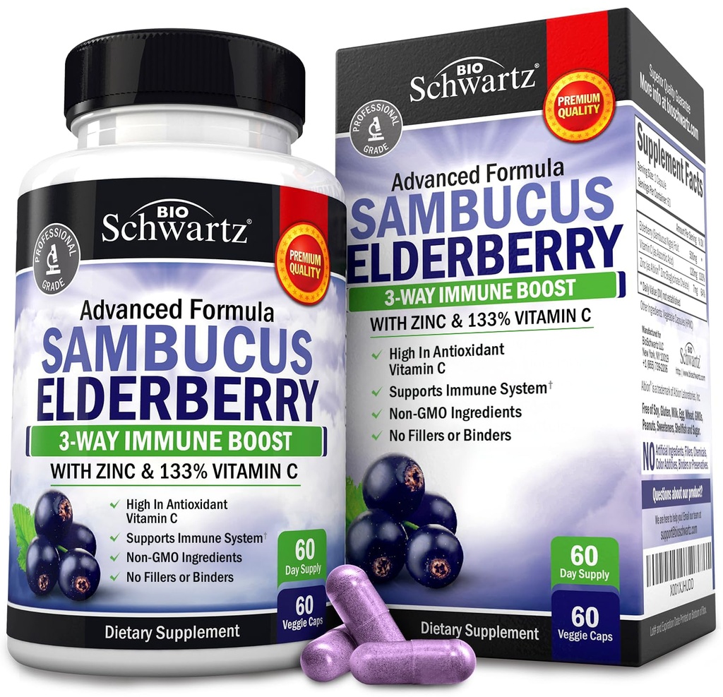 Elderberry Capsules with Zinc and Vitamin C for Adults - Immune Support Vitamins for Women and Men - Black Sambucus Elderberry Vitamin C and Zinc - Immune Defense Multiminerals Supplement, 60 Count