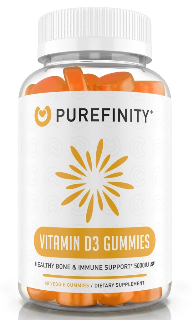 PUREFINITY Witamina D3 5000 iu Gummies - Codzienne witaminy D Suplement dla zdrowia kości, immunologicznego i wspólnego wsparcia mięśni dla dorosłych i dzieci - Gluten Free, Non-GMO - 60 Veggie Gummies