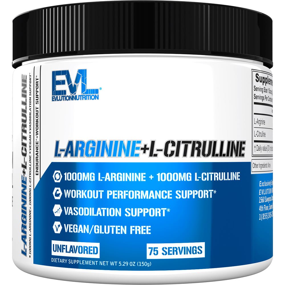 Evlution Nutrition L- Arginine + L- Citruline - Endurance + Workout Performance Supplement - 2000mg Complex - Vasodial + Nitric Oxide Support - Vegan + gluten Free Powder - 75 Servings
