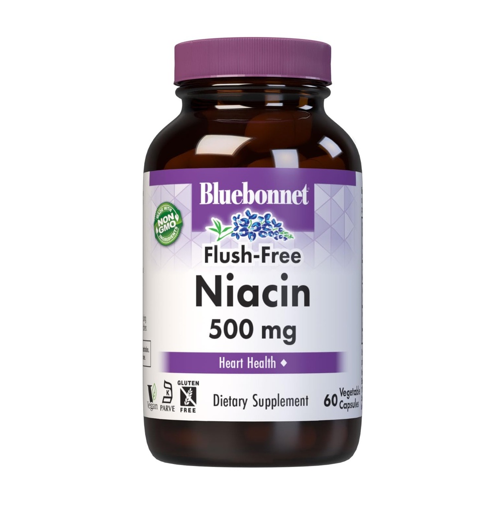 Bluebonnet Nutrition Flush- Free Niacin 500mg, dla Nutritional Cardiovical Support *, Soy- Free, Gluten- Free, Non-GMO, Kosher Certified, Dairy- Free, Vegan, 60 Kapsułki wegetatywne, 60 Służenie