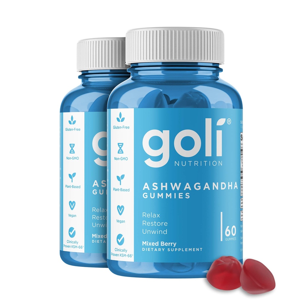 Goli Ashwagandha & Witamina D Gummy 120 Count - Relax. Przywróć. Odpręż się. (Mieszane Berry, KSM- 66, Wegan, Roślina oparta, Non-GMO, Gluten- Free & Żelatyna Free), Opakowanie 2