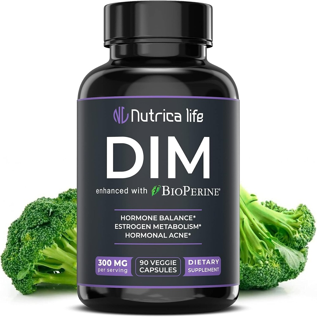 Suplement DIM 300mg - Diindolylometan z brokułami i bioPeriną - Hormon Wsparcie równowagi dla kobiet i mężczyzn, Metabolizm estrogenów, Menopauza Relief & Hormonal Acne Control - 90 Kaps wegańskich