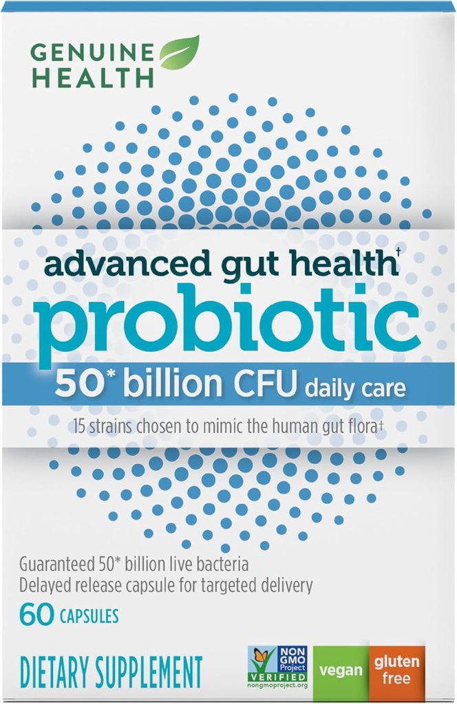 Genuine Health Probiotics, 50 Billion CFU, Daily Care, 15 Diverse Strains, Soy Free, Gluten Free, Vegan Delayed- Release Kapsułki dla zaawansowanych Gut Health (60 Count)