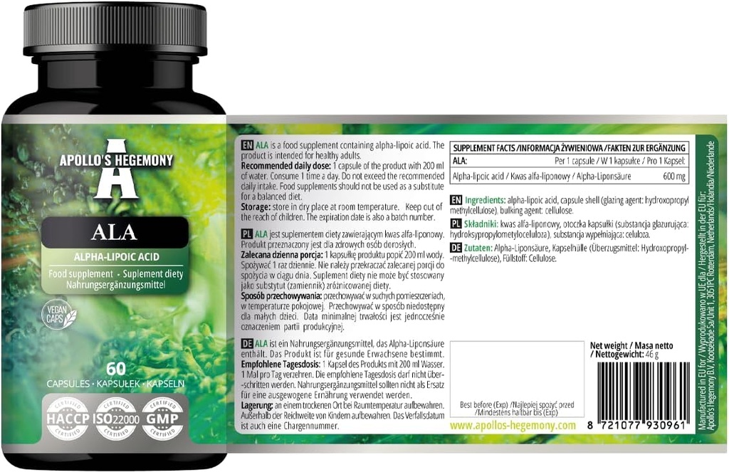 APOLLO 'S HEGEMONY ALA (kwas lipoinowy alfa) 600 mg - 60 Kapsułek wegańskich - Optymalizuje zarządzanie glukozą - Wspiera Mitochondrialne Zdrowie - Dwa miesiące dostaw
