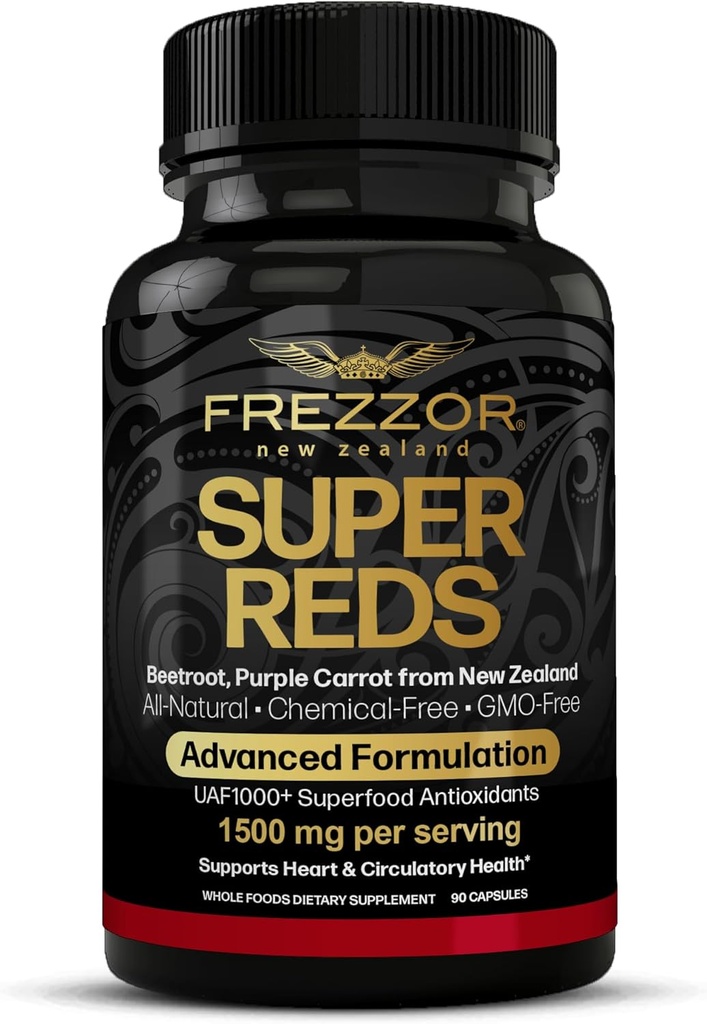 FREZZOR Super Czerwone Kapsułki z UAF1000 +, All- Naturalna Nowa Zelandia Red Superfood Energy, Esential Red Fruits Vegas & Bates, Przeciwutleniacze, Enzymy, Suplementy energii, 90 Kapsułki, 1 Butelka