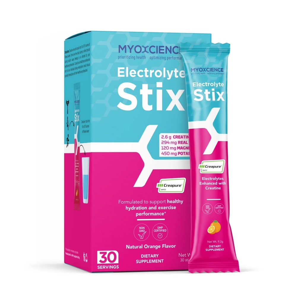MyoXCIENCE Electrolyte STIX TIX 124; Proszek elektrolityczny kreatynowy 124; Odzysk z ćwiczeń i rozwoju mięśni w / Real Salt (Natural Orange Flavor) (Stix 30 ct)