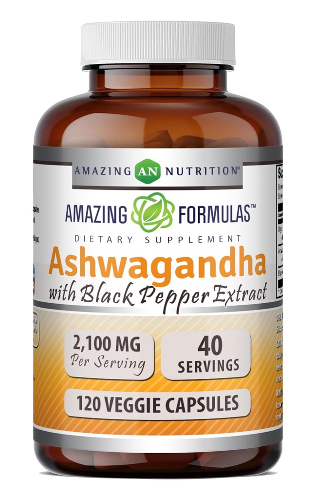 Amazing Supples Ashwagandha Root with Black Pepper Extract Supplement Supplement Amend124; 2100 Mg Per Serving Amend124; Veggie Capsules Supplement Amend124; Non- GMO Amend124; Gluten- Free Amend124; Made in USA (1 Pack, 120 Count)