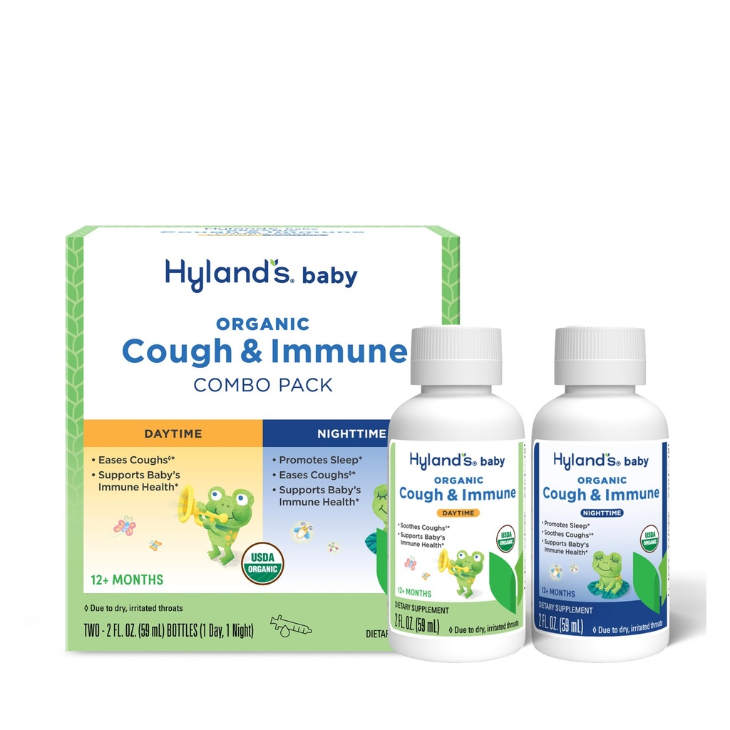 Hyland 's Baby Organic Cough Syrop i Immune Support Day and Night Combo Pack, Eases Coughs, Wsparcie odporności, Promotes Sleep, Dwa 2 Fl Oz. Butelki (4 fl oz)