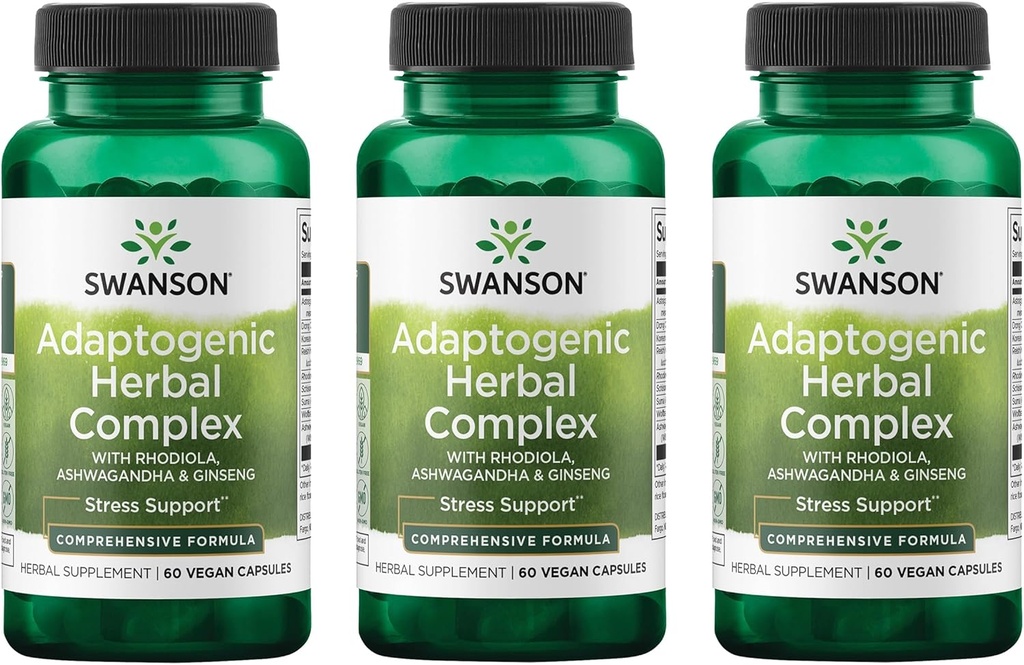 Swanson Rhodiola Ashwagandha Ginseng Complex Mood Energy Immune Function Nerwowy system wsparcia ciśnienia Dostosowanie suplementu ziołowego 60 kapsułki (3 opakowania)