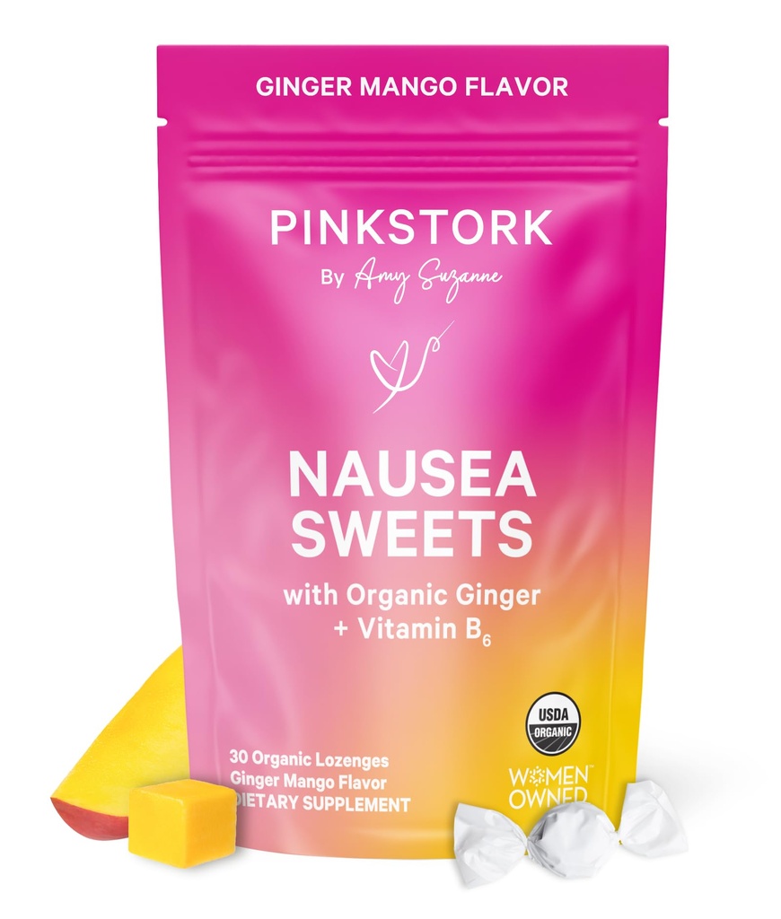 Pink Stork Organic Mango Sweets z witaminą B6 na poranne choroby i choroby ruchowej, Dodano imbir i witaminy B6, 1. ciąży Trimester musi haves - 30 zapakowane cukierki