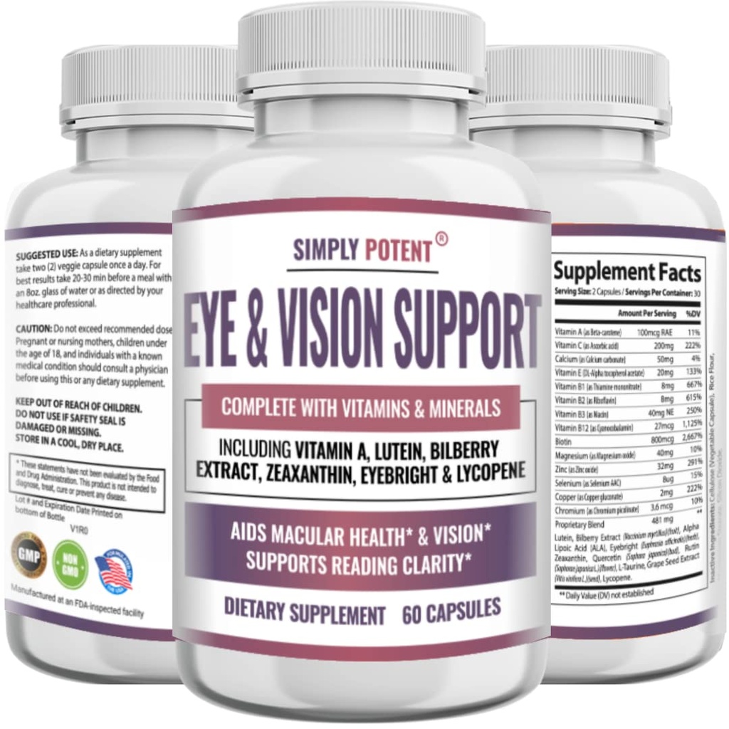 Luteina & Zeaksantyna Eye Health Supplements for Dorothy, Natural Eye & Vision Formula w / Witamina A, Luteina, Zeaksantyna, Bilberry Extract, Eyebright & Lycopene for Retina & Lens 60 Caps