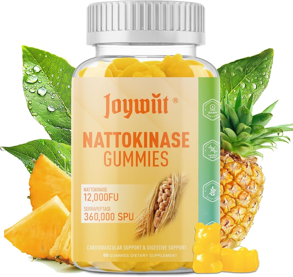 Nattokinaza Gummies 12,000 FU, Serrapeptase Gummies 360000 SPU Suplement enzymatyczny z Bromelain Papain & Inulina do cyrkulacji, Gut, Wsparcie trawienia, Wegan, Nie GMO, 60 Liczby