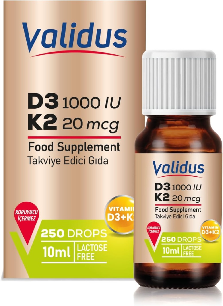 VALIDUS Witamina D3K2 Krople - Witamina D3 + K2 MK- 7, 250 Krople płynne, Zwiększona absorpcja dla zdrowia kości i serca, Wspiera funkcje immunologiczne, Nie-GMO, Gluteny-Free, Łatwy w użyciu, 10 ml