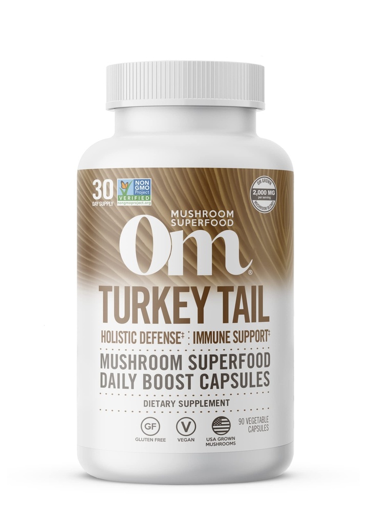 Om Mushroom Superfood Turcja Tail Mushroom Kapsułki Superfood Supplement, 90 Count, 30 dni, Wsparcie immunologiczne, Polisacchrides, Beta-Glucans, Gut Health & Holistic Defense Mushroom Supplement