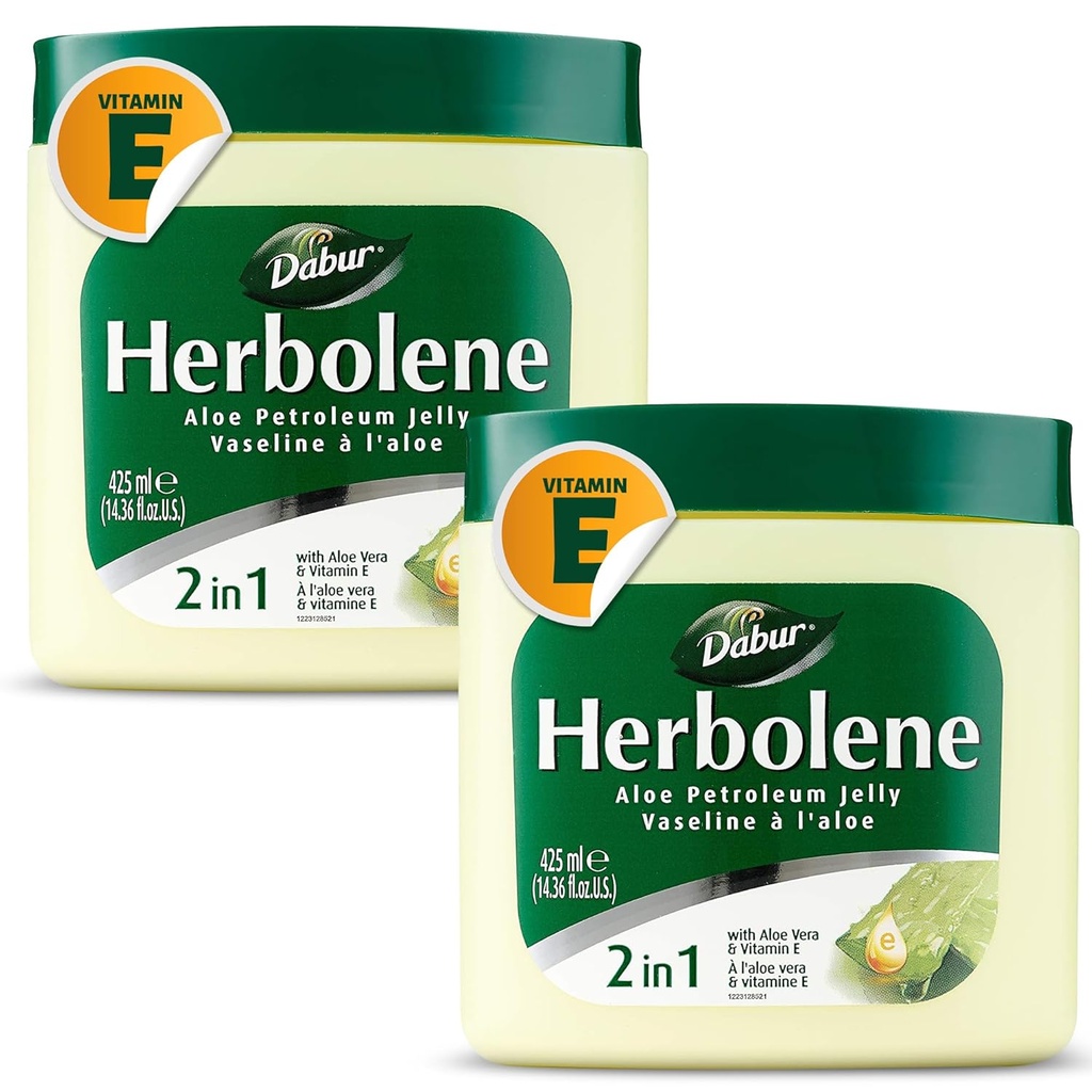 Dabur Herbolene Aloe Vera Gel Petroleum Jelly - Ulepszony witaminą E do głębokiej i intensywnej nawilżenia skóry - Delikatność na wrażliwej skórze - Gorzka Blizna i trwały Hydration - 425 ML (Opakowanie 2)