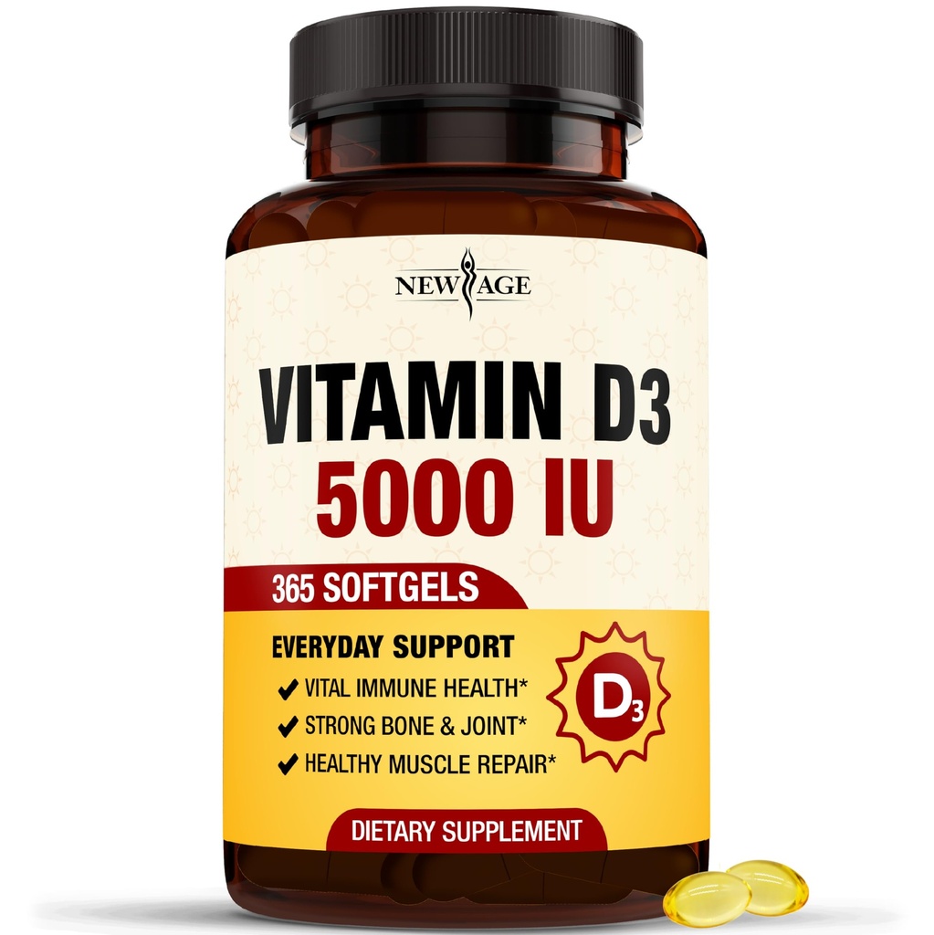 NOWA DAWKA Witamina D3 5000 IU 125mcg Softgels - Wsparcie immunologiczne, silne zdrowie kości - Nie-GMO, Gluten- Free, Dairy-Free, 1 Rok dostaw (360 Softgels (Opakowanie 1))