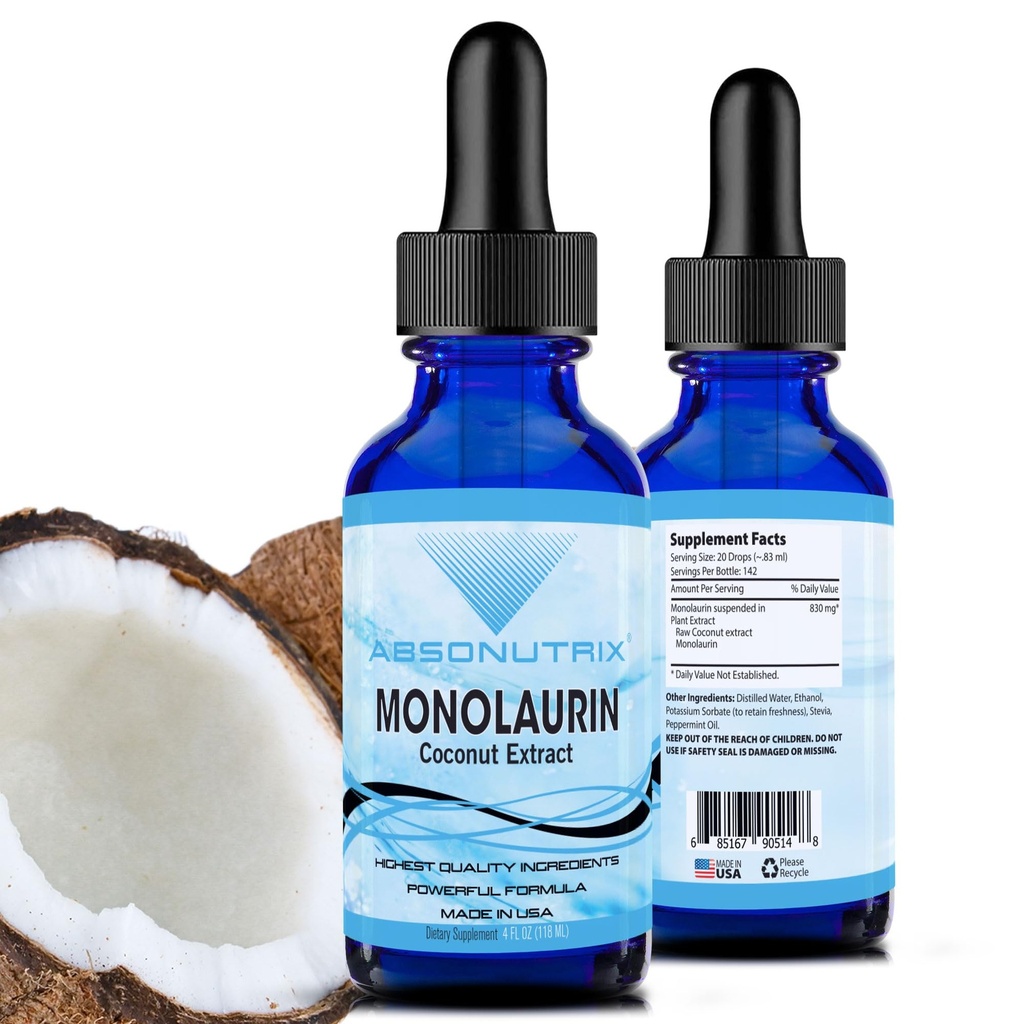 Absonutrix Monolaurin Liquid Extract - 4oz Liquid, 830 mg 142 Servings, Made in USA, Szybka absorpcja, Jakość składników mocnych, Non-GMO, GMP Certified Facility, Cruelty- Free Products