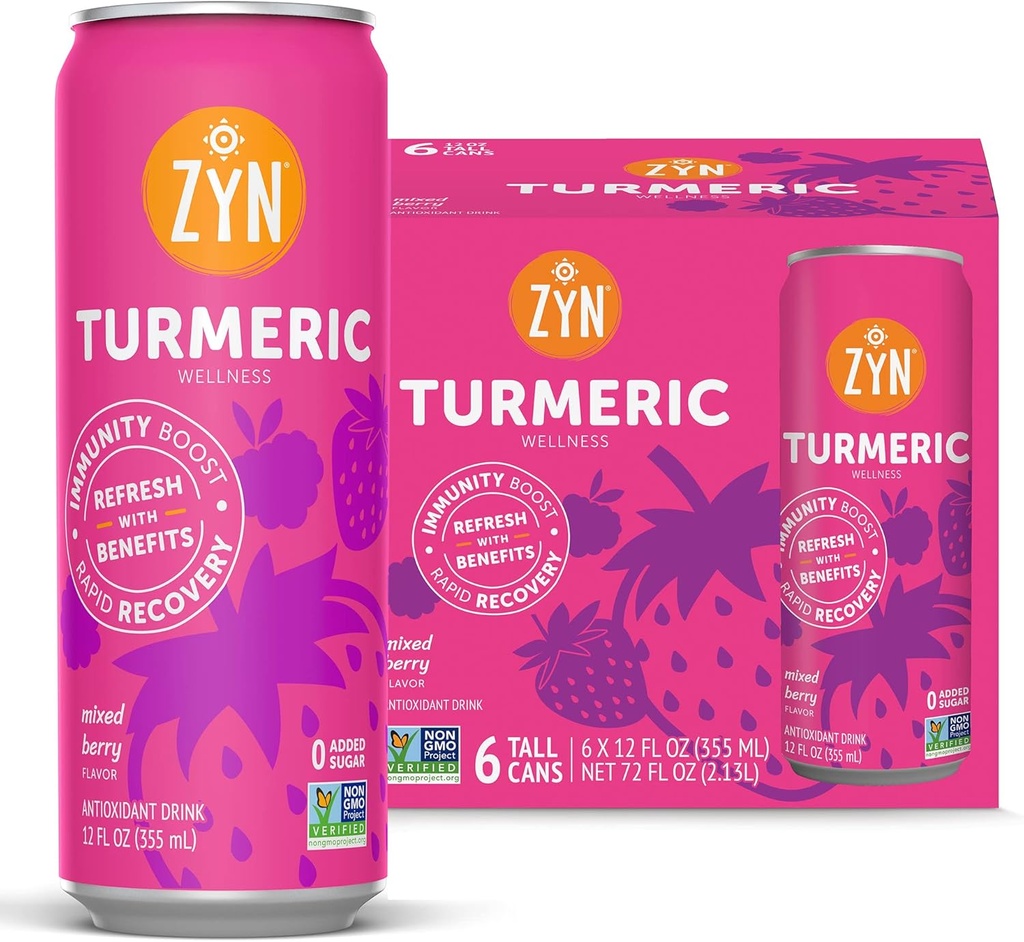 ZYN Turmeric Wellness Drink 6 (Pack), Mieszane jagodowe aromatyzowane kurkumina napój z czarnego pieprzu, bez dodanego cukru, niskie węglowodany i niskokaloryczne napoje, Czysta alternatywa