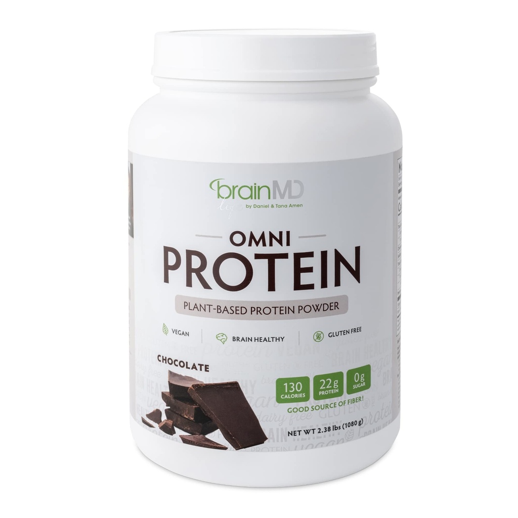 BRAINMD Dr Amen Omni Protein Chocolate - 2,38 lbs - Proszek białkowy na bazie plantacji - Promotes Energy & Exercise Recovery - Wegan, Wegetarianin, Cukier wolny, Gluten wolny - 30 Sługi