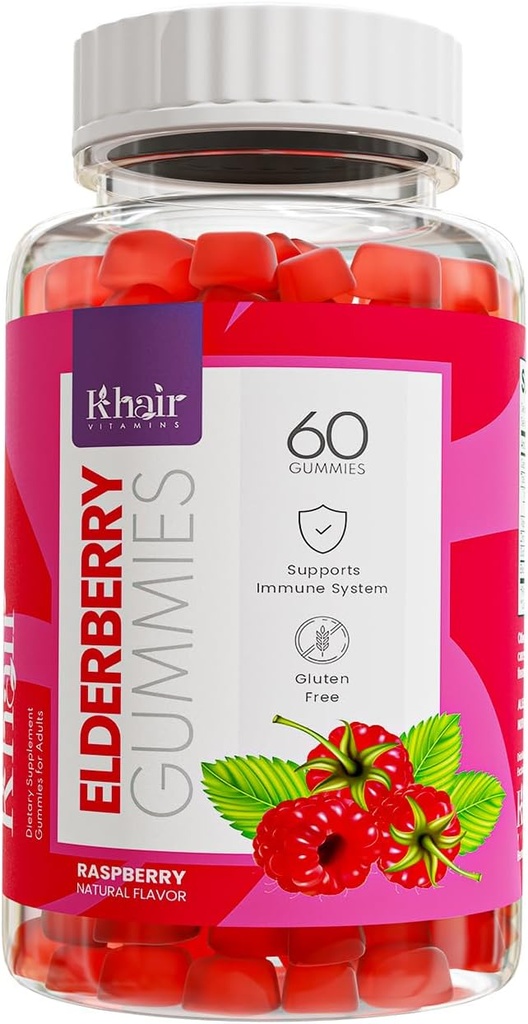 Khair Halal Gummies Elderberry - Super Suplement przeciwutleniaczy, Wzmacnia odporność & Fights Alergie sezonowe - Nie GMO, Wegetarianin, Gluten Free, Żelatyna Free & Witaminy Halal - 60 Gummies