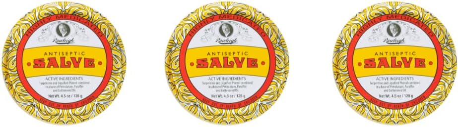 Rawleigh Antiseptic Salve Iconic Yellow Big Tin: 4.5 oz, Wielozadaniowa maść łagodzi cięcia, siniaki, podrażnienia, z terpentyny, fenol, olej z nasion bawełny i parafina, Oryginalna formuła - Opakowanie 3