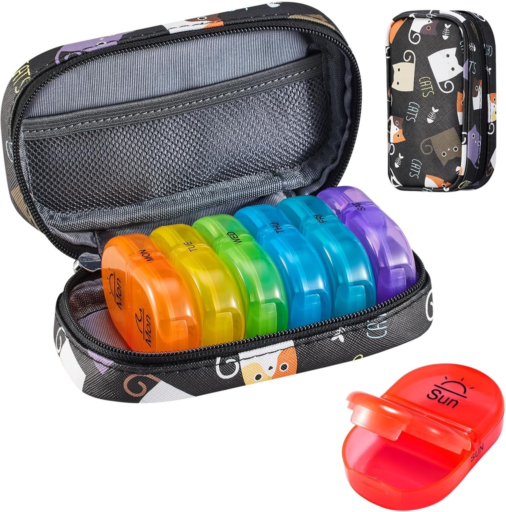 Serfeymi Cotygodniowy Travel Pill Organizator 2 razy w ciągu dnia PM Zmodernizowany Rainbow Pill Box 7 Dzień z przenośnym Zipper PU Leather Pill Case, Medicine Organizer for Pills, Witaminy, Oleje rybne - czarny 02
