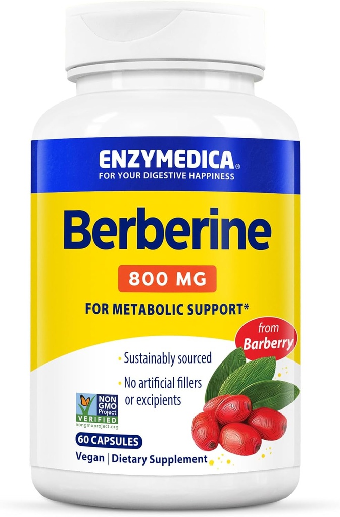 Enzymedica Berberine 800 mg - Kapsułki wegańskie do wsparcia metabolizmu - od zrównoważonej barberry sourced - Non-GMO, Gluten- Free, No Fillers lub substancji pomocniczych - 60 Kapsułki