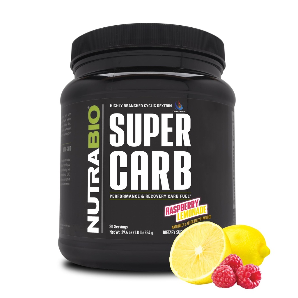 NutraBio Super Carb, Proszek węglowodanowy z klaster Dekstryna i elektrolity, Advanced Carb Supplement Proszek do treningu paliwa, Wydajność, i Odzyskiwanie mięśni, Dekstryna cykliczna, Lemoniada malinowa, 30 Sv