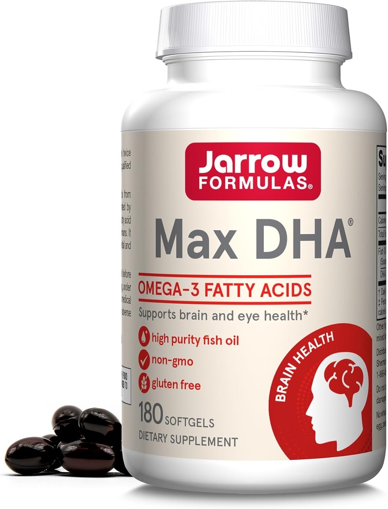 Jarrow Fixas MaxDHA - 180 Softgels - Olej rybny o wysokiej czystości - Suplement Supports Brain & Eye Health - Skoncentrowany w Omega-3 Kwasy tłuszczowe & Wzbogacony w DHA - 90 Sługi