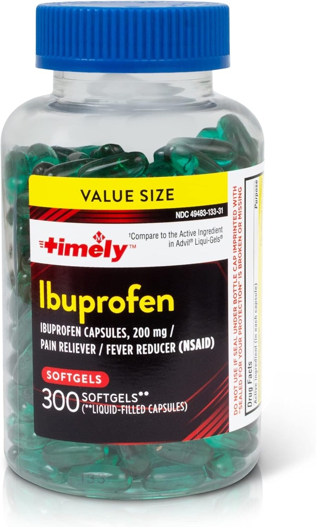 LABS TYME- CAP, INC. Timely Ibuprofen 200mg - 300 Liquid Softgels - Tabletki przeciwbólowe i reduktor gorączki - dla łagodzenia bólu głowy, bólu menstruacyjnego, zębów Aches mięśniowych Aches & zapalenie stawów