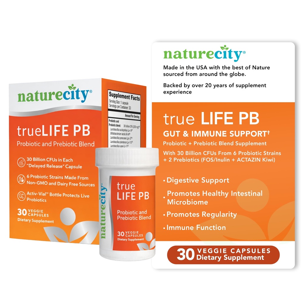 NatureCity True- Life- PB Półka Stabilny Mieszanka Prebiotyki i Probiotyki dla Kobiet i Mężczyzn - Żywotne Guty Suplementy Zdrowia dla Kobiet i Mężczyzn - Bezmleczne - (30 Kapsułki Veggie)