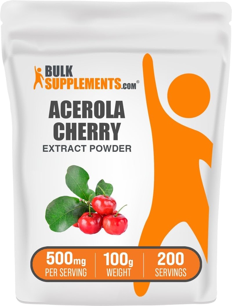 BulkSupplements.com Acerola Cherry Extract Powder - Naturalny suplement witaminy C, Acerola Cherry Powder - Vegan & Gluten Free, 500mg na jedną porcję, 100g (3,5 oz) (opakowanie po 1)