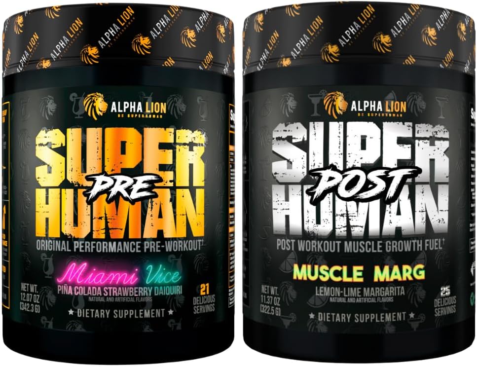 ALPHA LION Superhuman Pre Workout Powder & Post Workout Recovery Bundle, Trwała Energia & Focus + Lean Muscle Growth, Siła & Tom (Miami Vice & Muscle Marg)
