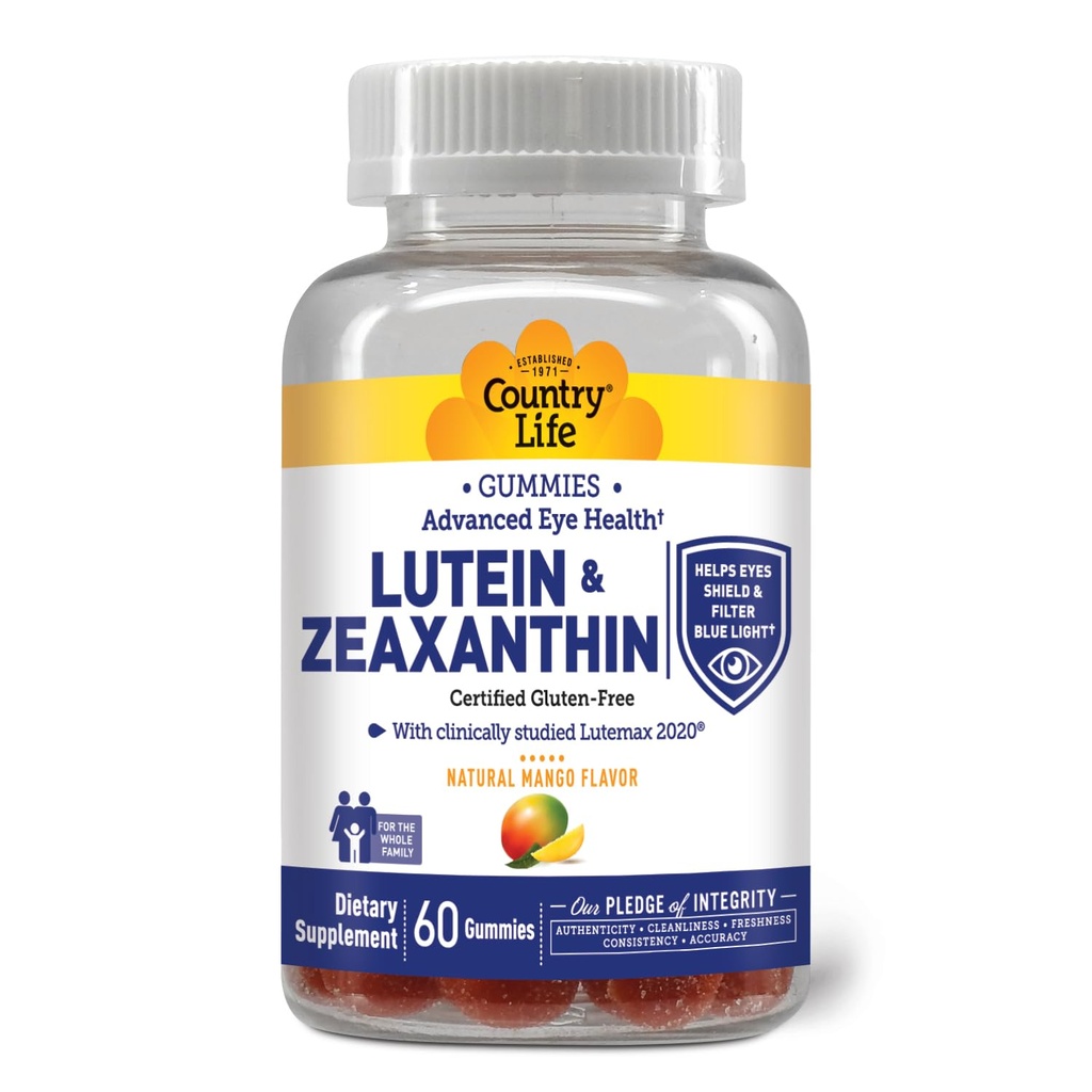 Country Life Lutein Gummies z Lutemax 2020, 60 Ct, Chewable Natural Eye Supplement Supplement, Marigold Lutein, Zeaksantyna, Eye Health & Macular Support, Non-GMO, Natural Fruit Pectin, Wegan